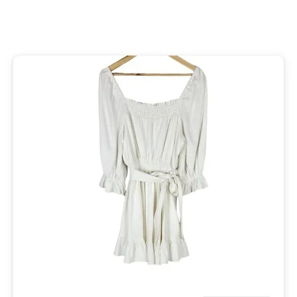 Ever New Puff Sleeve Ruffle Mini Dress Smocked Neckline Porcelain Ivory Size 6 - Picture 2 of 15